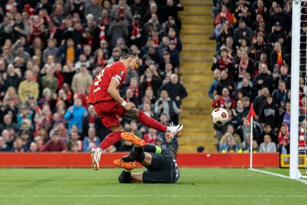Liverpool v Royale Union Saint Gilloise Europa League 05 10 2023. GOAL OFF-SIDE during the Europa League match between Liverpool and Royale Union Saint Gilloise at Anfield, Liverpool, England on 5 October 2023. Editorial use only , Copyright: xIanxStephenx PSI-18164-0003