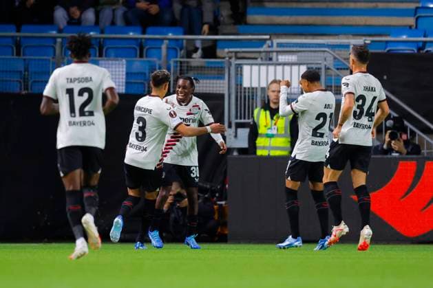 UEFA Europa League in football 2023: Molde - Bayer Leverkusen Molde 20231005. Bayer Leverkusen cheer after scoring during the Europa League football match between Molde and Bayer Leverkusen at Aker Stadion. Photo: Svein Ove Ekornesvag NTB Molde Norway EDITORIAL USE ONLY. RESTRICTED USE FOR BETTING COMPANIES Ref:_SPOvcNaCqG3H2I.jpg  Copyright: xSveinxOvexEkornesvagx xNTBx