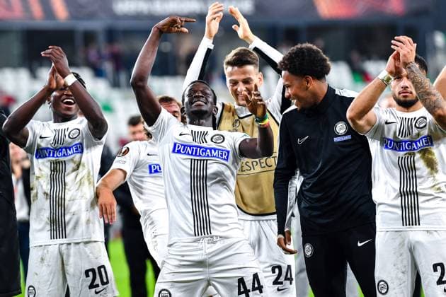 SOSNOWIEC, POLAND - OCTOBER 5: Amadou Dante (44) of Sturm Graz celebrating win during UEFA Europa League Matchday 2 group stage match between Rakow Czestochowa and Sturm Graz at Zaglebiowski Park Sportowy on October 5, 2023 in Sosnowiec, Rakow Czestochowa v Sturm Graz Copyright: xMateuszxSobczakx
