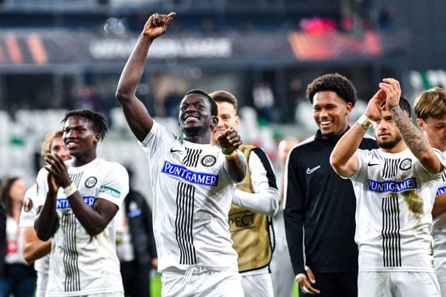 SOSNOWIEC, POLAND - OCTOBER 5: Amadou Dante (44) of Sturm Graz celebrating win during UEFA Europa League Matchday 2 group stage match between Rakow Czestochowa and Sturm Graz at Zaglebiowski Park Sportowy on October 5, 2023 in Sosnowiec, Rakow Czestochowa v Sturm Graz Copyright: xMateuszxSobczakx