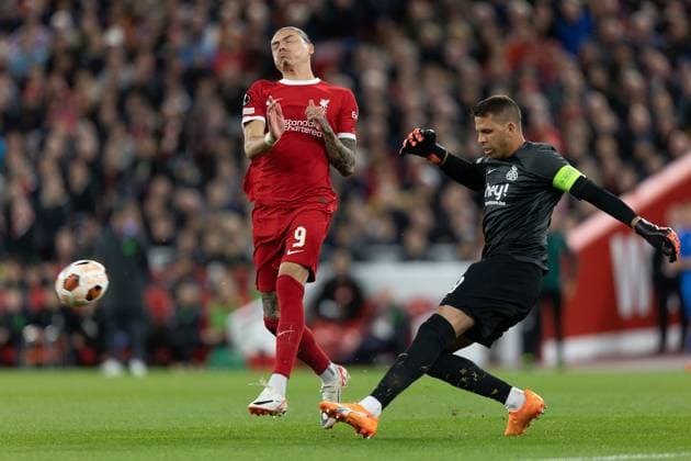 Liverpool v Royale Union Saint Gilloise Europa League 05 10 2023. Union Saint-Gilloise goalkeeper Anthony Moris (49) denies Liverpool forward Darwin Nunez (9) a chance to score during the Europa League match between Liverpool and Royale Union Saint Gilloise at Anfield, Liverpool, England on 5 October 2023. Editorial use only , Copyright: xIanxStephenx PSI-18164-0009