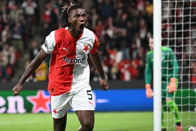 Soccer player of Slavia Praha Igoh Ogbu celebrates second goal during the Football Europe League 2nd round match, group G match Slavia Praha vs Sheriff Tiraspol in Prague, Czech Republic, October 5, 2023. (CTKxPhoto MichalxKamaryt) CTKPhotoP2023100509365  CTKPhotoP2023100509365