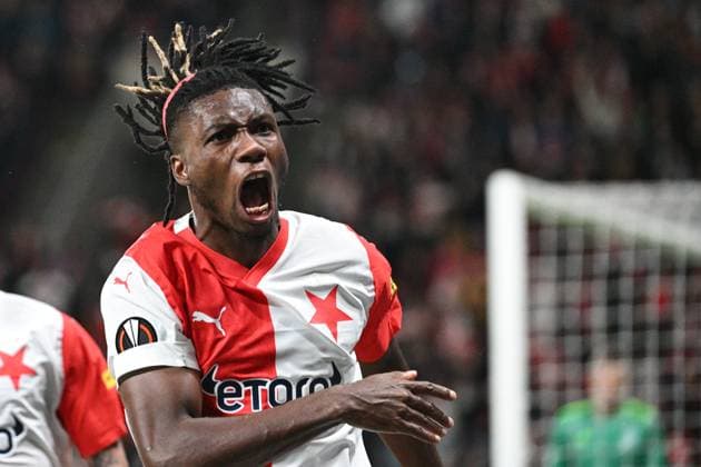 Soccer player of Slavia Praha Igoh Ogbu celebrates second goal during the Football Europe League 2nd round match, group G match Slavia Praha vs Sheriff Tiraspol in Prague, Czech Republic, October 5, 2023. (CTKxPhoto MichalxKamaryt) CTKPhotoP2023100509403  CTKPhotoP2023100509403
