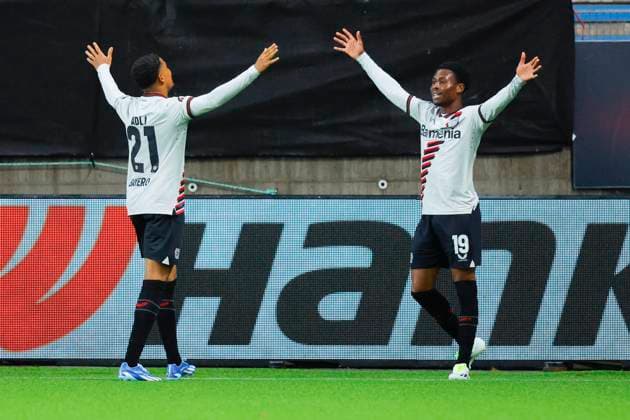 Sport Bilder des Tages UEFA Europa League in football 2023: Molde - Bayer Leverkusen Molde 20231005. (L-R) Bayer Leverkusen s Amine Adli celebrates after Nathan Tella scores during the Europa League soccer match between Molde and Bayer Leverkusen at Aker Stadion. Photo: Svein Ove Ekornesvag NTB Molde Norway EDITORIAL USE ONLY. RESTRICTED USE FOR BETTING COMPANIES Ref:_SPOi08tKztNY1w.jpg  Copyright: xSveinxOvexEkornesvagx xNTBx