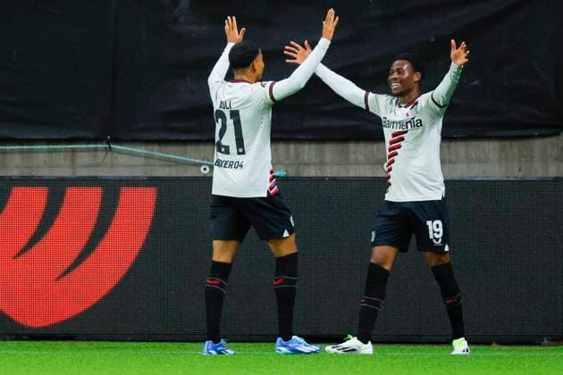 UEFA Europa League in football 2023: Molde - Bayer Leverkusen Molde 20231005. (L-R) Bayer Leverkusen s Amine Adli celebrates after Nathan Tella scores during the Europa League soccer match between Molde and Bayer Leverkusen at Aker Stadion. Photo: Svein Ove Ekornesvag NTB Molde Norway EDITORIAL USE ONLY. RESTRICTED USE FOR BETTING COMPANIES Ref:_SPOlDnc7W1kHts.jpg  Copyright: xSveinxOvexEkornesvagx xNTBx