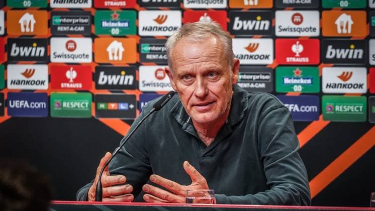 Coach Christian Streich SC Freiburg at the press conference 05 10 2023 Freiburg im Breisgau, Baden Württemberg, Germany, Europe UEFA EUROPA LEAGUE 2023 2024 Football Men SC FREIBURG vs West Ham United FC Europa Park Stadium