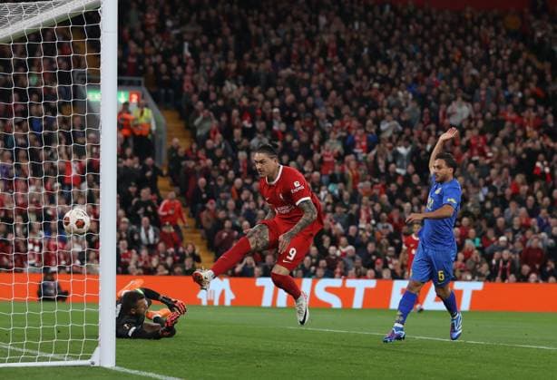 5th October 2023; Anfield, Liverpool, Merseyside, England; Europa League Football, Liverpool versus Union Saint-Gilloise; Darwin Nunez of Liverpool beats Anthony Moris of Union Saint Gilloise but sees his effort ruled out for offside  ActionPlus12561738 DavidxBlunsden