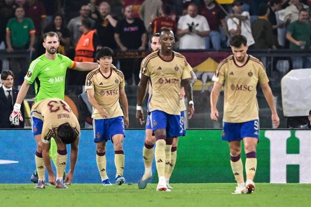 Servette players look dejected after Romelu Lukaku of AS Roma (not pictured) scored the goal of 1-0 for his side during the Europa League Group G football match between AS Roma and Servette FC at Olimpico stadium in Rome (Italy), October 5th, 2023. andreaxstaccioli