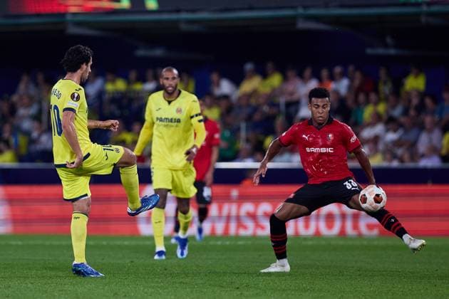 Desire Doue of Rennes FC controls the ball during the UEFA Europa League match between Villarreal and Rennes at Estadio de la Ceramica on October 5, 2023 in Villarreal, Spain. FOOTBALL : Villarreal vs Stade Rennes Football Club - UEFA Europa Leage - 05 10 2023 AlvaroMedranda Panoramic 