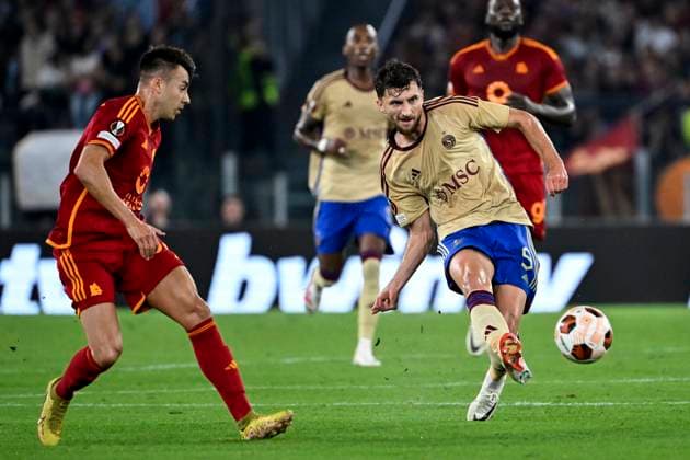 Stephan El Shaarawy of AS Roma and Miroslav Stevanovic of Servette FC during the Europa League Group G football match between AS Roma and Servette FC at Olimpico stadium in Rome (Italy), October 5th, 2023. andreaxstaccioli