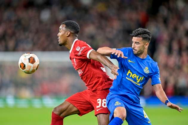 Liverpool FC v Royal Union Saint-Gilloise - UEFA Europa LIVERPOOL, UNITED KINGDOMS - OCTOBER 05 : Ryan Gravenberch midfielder of Liverpool and Amoura Mohamed El Amine forward of Union St-Gilloise in action during the UEFA Europa League Group E match between Liverpool FC and Royal Union Saint-Gilloise on October 5, 2023 in Liverpool, United Kingdoms, 05 10 2023 Liverpool United Kingdoms  Copyright: xSesx