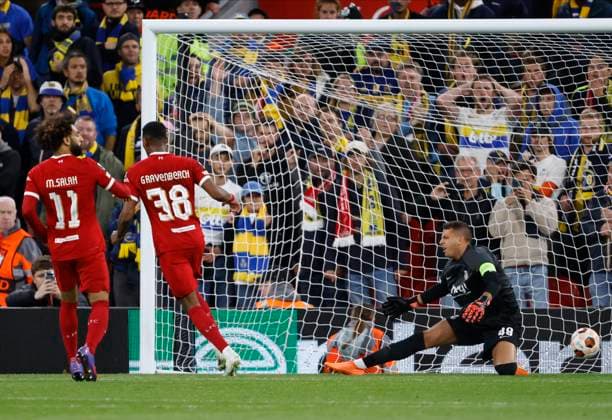 Liverpool FC v R. Union Saint-Gilloise: Group E - UEFA Europa League 2023 24 Ryan Gravenberch of Liverpool scores 1st goal past Anthony Moris, Goalkeeper of R. Union Saint-Gilloise during the UEFA Europa League match between Liverpool FC and R. Union Saint-Gilloise at Anfield on October 5, 2023 in Liverpool, England. Liverpool Anfield England United Kingdom Copyright: xRichardxSellers Sportsphoto APLx 13956230