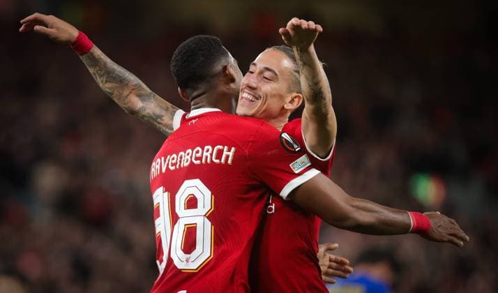 Sport Bilder des Tages Liverpool s Ryan Gravenberch celebrates after scoring during a match between Belgian soccer team Royale Union Saint Gilloise and English Liverpool FC, on Wednesday 04 October 2023 in Liverpool, United Kingdom, on day 2 of the group phase of the UEFA Europa League competition, in group E. VIRGINIExLEFOUR  x76453323x