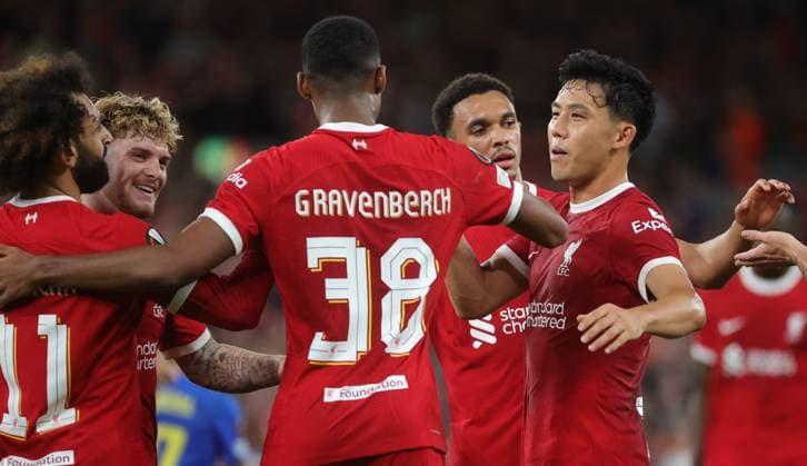 Liverpool s Ryan Gravenberch celebrates after scoring during a match between Belgian soccer team Royale Union Saint Gilloise and English Liverpool FC, on Wednesday 04 October 2023 in Liverpool, United Kingdom, on day 2 of the group phase of the UEFA Europa League competition, in group E. VIRGINIExLEFOUR  x76453346x