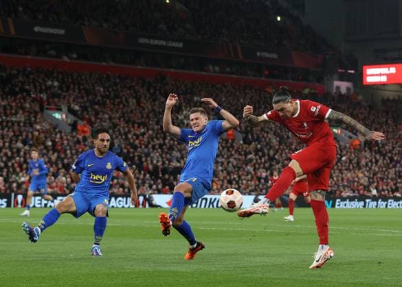 5th October 2023; Anfield, Liverpool, Merseyside, England; Europa League Football, Liverpool versus Union Saint-Gilloise; Alessio Castro-Montes of Union Saint Gilloise attempts to block a shot from Darwin Nunez of Liverpool  ActionPlus12561741 DavidxBlunsden