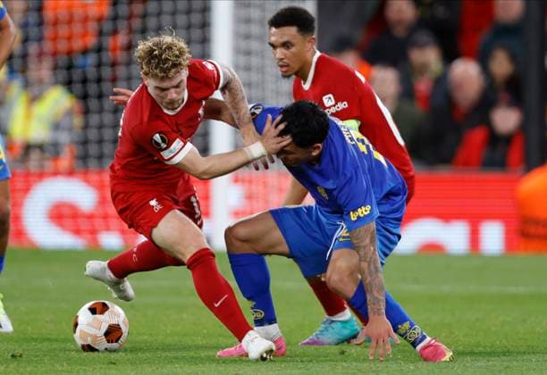 Liverpool FC v R. Union Saint-Gilloise: Group E - UEFA Europa League 2023 24 Harvey Elliott of Liverpool and Cameron Puertas of R. Union Saint-Gilloise challenge during the UEFA Europa League match between Liverpool FC and R. Union Saint-Gilloise at Anfield on October 5, 2023 in Liverpool, England. Liverpool Anfield England United Kingdom Copyright: xRichardxSellers Sportsphoto APLx 13956239