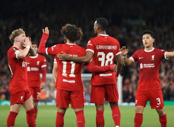 5th October 2023; Anfield, Liverpool, Merseyside, England; Europa League Football, Liverpool versus Union Saint-Gilloise; Ryan Gravenberch of Liverpool celebrates his 44th minute opening goal with his team mates  ActionPlus12561749 DavidxBlunsden
