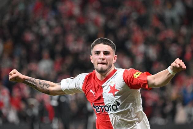 Soccer player of Slavia Praha Christos Zafeiris celebrates goal during the Football Europe League 2nd round match, group G match Slavia Praha vs Sheriff Tiraspol in Prague, Czech Republic, October 5, 2023. (CTKxPhoto MichalxKamaryt) CTKPhotoP2023100509712  CTKPhotoP2023100509712