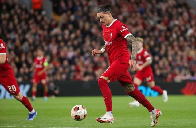 Liverpool s Darwin Nunez pictured in action during a match between Belgian soccer team Royale Union Saint Gilloise and English Liverpool FC, on Wednesday 04 October 2023 in Liverpool, United Kingdom, on day 2 of the group phase of the UEFA Europa League competition, in group E. VIRGINIExLEFOUR  x76454838x