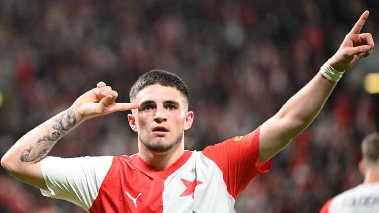 Soccer player of Slavia Praha Christos Zafeiris celebrates third goal during the Football Europe League 2nd round match, group G match Slavia Praha vs Sheriff Tiraspol in Prague, Czech Republic, October 5, 2023. (CTKxPhoto MichalxKamaryt) CTKPhotoP2023100509718  CTKPhotoP2023100509718