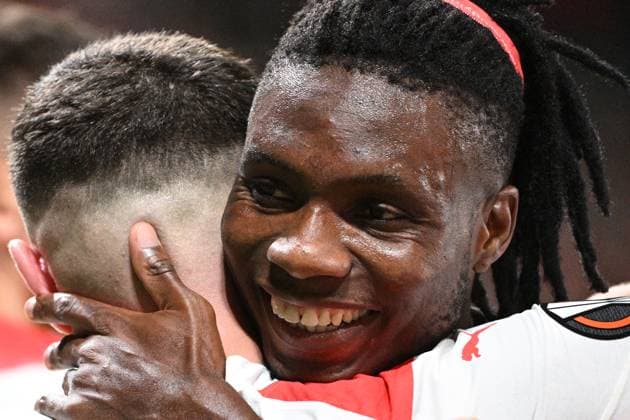From left soccer players of Slavia Praha Igoh Ogbu, Christos Zafeiris celebrate a goal during the Football Europe League 2nd round match, group G match Slavia Praha vs Sheriff Tiraspol in Prague, Czech Republic, October 5, 2023. (CTKxPhoto MichalxKamaryt) CTKPhotoP2023100509737  CTKPhotoP2023100509737