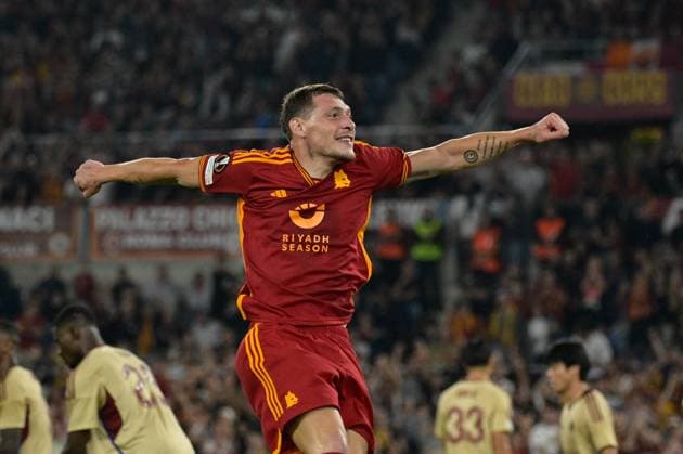 Football Europa League match - AS Roma vs Servette FC Andrea Belotti (AS Roma); celebrates after scoring the goal 4-0 during the UEFA Europa League 2023-2024 football match between AS Roma and Servette FC at the Olympic Stadium in Rome on 05 October 2023. Rome Italy  Copyright: xIPAxSport ABACAx BRIPASport20231005_669 IPAxSport ABACAx BRIPASport20231005_669