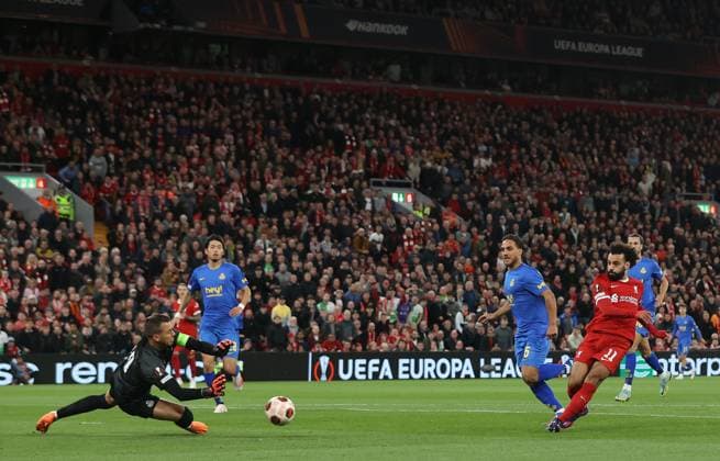 5th October 2023; Anfield, Liverpool, Merseyside, England; Europa League Football, Liverpool versus Union Saint-Gilloise; Anthony Moris of Union Saint Gilloise saves a shot from Mohammed Salah of Liverpool  ActionPlus12561765 DavidxBlunsden