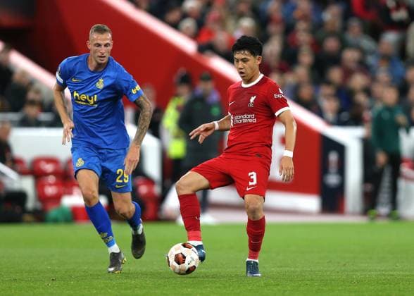 Liverpool v Union Saint-Gilloise, UEFA Europa League - Group E, Anfield Stadium, Liverpool, UK. - 5th October 2023. Wataru Endo of Liverpool. - Liverpool v Union Saint-Gilloise, UEFA Europa League - Group E, Anfield Stadium, Liverpool, UK. - 5th October 2023. Liverpool Anfield Stadium UK Copyright: xDanxWeirx CP_Liverpool_USG_15