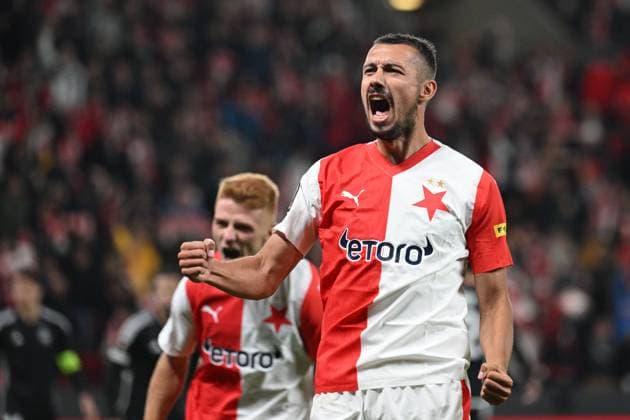 Soccer player of Slavia Praha Ivan Schranz celebrate 4th goal during the Football Europe League 2nd round match, group G match Slavia Praha vs Sheriff Tiraspol in Prague, Czech Republic, October 5, 2023. (CTKxPhoto MichalxKamaryt) CTKPhotoP2023100509951  CTKPhotoP2023100509951