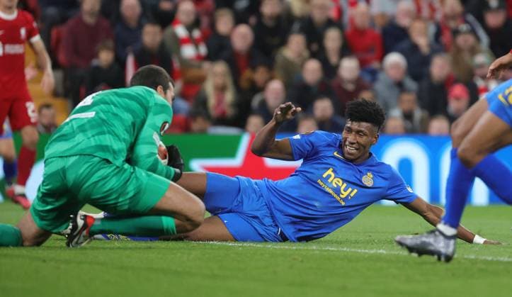 Union s Kevin Rodriguez and Liverpool s goalkeeper Alisson Becker fight for the ball during a match between Belgian soccer team Royale Union Saint Gilloise and English Liverpool FC, on Wednesday 04 October 2023 in Liverpool, United Kingdom, on day 2 of the group phase of the UEFA Europa League competition, in group E. VIRGINIExLEFOUR  x76460753x