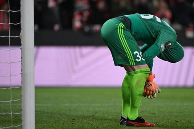 Goalie of Sheriff Tiraspol Maksym Koval receives 6th goal during the Football Europe League 2nd round match, group G match Slavia Praha vs Sheriff Tiraspol in Prague, Czech Republic, October 5, 2023. (CTKxPhoto MichalxKamaryt) CTKPhotoP2023100510153  CTKPhotoP2023100510153