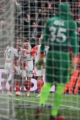 Goalie of Sheriff Tiraspol Maksym Koval receives 6th goal during the Football Europe League 2nd round match, group G match Slavia Praha vs Sheriff Tiraspol in Prague, Czech Republic, October 5, 2023. Soccer players of Slavia Praha celebrate a goal. (CTKxPhoto MichalxKamaryt) CTKPhotoP2023100510223  CTKPhotoP2023100510223