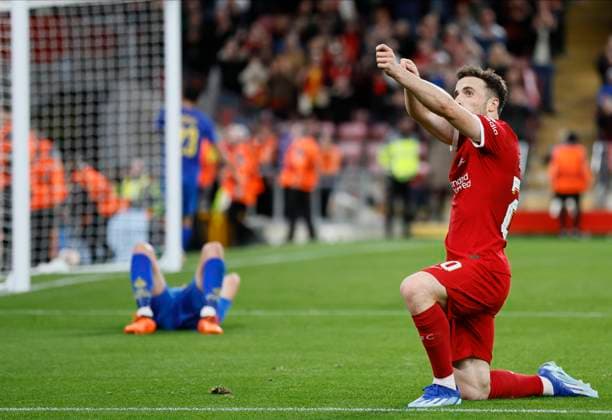Liverpool FC v R. Union Saint-Gilloise: Group E - UEFA Europa League 2023 24 Diogo Jota of Liverpool celebrates his goal during the UEFA Europa League match between Liverpool FC and R. Union Saint-Gilloise at Anfield on October 5, 2023 in Liverpool, England. Liverpool Anfield England United Kingdom Copyright: xRichardxSellers Sportsphoto APLx 13956249