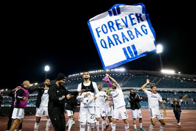 231005 Players of Qarabag celebrate after the UEFA Europa League football match between Häcken and Qarabag on October 5, 2023 in Gothenburg Photo Fredrik Aremyr BILDBYRAN COP 314 MB0740 fotboll football soccer fotball uefa europa league häcken qarabag bbeng jubel  Copyright: FREDRIKxAREMYR BB231005FA026