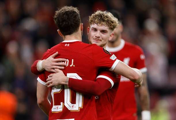 Liverpool FC v R. Union Saint-Gilloise: Group E - UEFA Europa League 2023 24 Diogo Jota and Harvey Elliott of Liverpool celebrates during the UEFA Europa League match between Liverpool FC and R. Union Saint-Gilloise at Anfield on October 5, 2023 in Liverpool, England. Liverpool Anfield England United Kingdom Copyright: xRichardxSellers Sportsphoto APLx 13956252