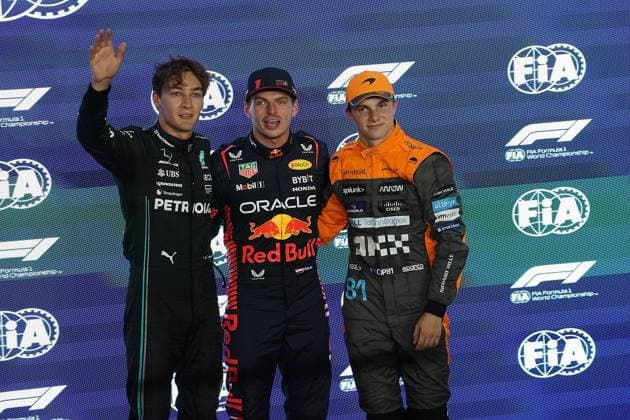 06 10 2023, Losail International Circuit, Doha, Formula 1 Qatar Airways Qatar Grand Prix 2023 ,in the picture pole position for the race on Sunday for Max Verstappen M from the Netherlands from Team Oracle Red Bull, 2 starting place for George Russell L from Great Britain from Team Mercedes, 3 starting place for Oscar Piastri R from Australia from Team McLaren Oscar Piastri from Australia later the 3 starting place was taken away again, new 3 is Lewis Hamilton from Great Britain from Team Mercedes Doha Losail International Circuit Qatar  eu-images-506