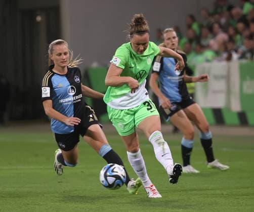 Marina Hegering VfL Wolfsburg prevails against n12 Football, Women, Season 2023 2024, 1 Liga, Google Pixel Women Bundesliga, VfL Wolfsburg vs 1 FC Nuernberg, 1 0 DFL REGULATES PROHIBIT ANY USE OF PHOTOGRAPHS AS IMAGE SEQUENCES AND OR QUASI VIDEO
