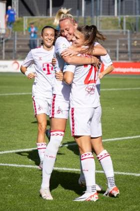 GOOGLE PIXEL Womens Bundesliga 1 FC Köln MSV Duisburg Joy at Meike Messmer 1 FC Koeln, Nr 20 and Martyna Wiankowska 1 FC Koeln, Nr 26 GOOGLE PIXEL Womens Bundesliga 1 FC Köln MSV Duisburg, 3 Matchday, on 07 10 2023 at Franz Kremer Stadium in Koeln DFL REGULATIONS PROHIBIT ANY USE OF PHOTOGRAPHS AS IMAGE SEQUENCES AND OR QUASI VIDEO Copyright: xBEAUTIFULxSPORTS LeahxKohringx