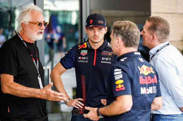 VERSTAPPEN Max (ned), Red Bull Racing RB19, portrait BRIATORE Flavio, portrait JOS VERSTAPPEN, former F1 driver portrait HORNER Christian (gbr), Team Principal of Red Bull Racing, portrait during the 2023 Formula 1 Qatar Grand Prix, 17th round of the 2023 Formula One World Championship, WM, Weltmeisterschaft from October 6 to 8, 2023 on the Lusail International Circuit, in Doha, Qatar - F1 - QATAR GRAND PRIX 2023 DPPI Panoramic 00123038__R3_7376