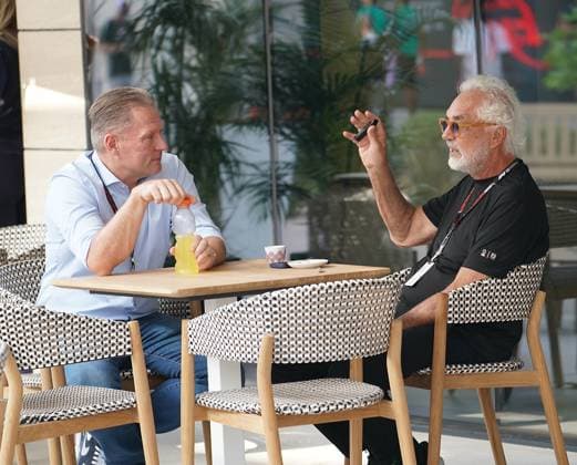 07 10 2023, Losail International Circuit, Doha, Formula 1 Qatar Airways Qatar Grand Prix 2023 ,in picture Jos Verstappen, father of Max Verstappen NLD , Oracle Red Bull Racing talking with manager Flavio Briatore Doha Losail International Circuit Qatar  eu-images-506