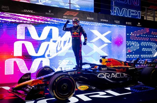 QATAR - Max Verstappen (Red Bull Racing) celebrates his third Formula 1 World Championship, WM, Weltmeisterschaft after the sprint race prior to the Formula 1 Grand Prix at the Lusail International Circuit in Qatar. ANP SEM VAN DER WAL Sprint 2023 2024 xVIxANPxSportx xxANPxIVx 480497260 originalFilename: 480497260.jpg