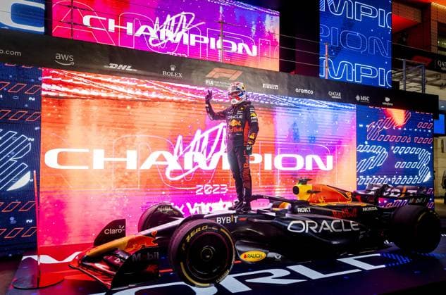 Sport Bilder des Tages QATAR - Max Verstappen (Red Bull Racing) celebrates his third Formula 1 World Championship, WM, Weltmeisterschaft after the sprint race prior to the Formula 1 Grand Prix at the Lusail International Circuit in Qatar. ANP SEM VAN DER WAL Sprint 2023 2024 xVIxANPxSportx xxANPxIVx 480497640 originalFilename: 480497640.jpg