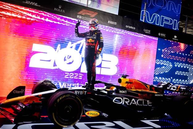 QATAR - Max Verstappen (Red Bull Racing) celebrates his third Formula 1 World Championship, WM, Weltmeisterschaft after the sprint race prior to the Formula 1 Grand Prix at the Lusail International Circuit in Qatar. ANP SEM VAN DER WAL Sprint 2023 2024 xVIxANPxSportx xxANPxIVx 480498568 originalFilename: 480498568.jpg
