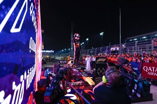 1 Max Verstappen NLD, Oracle Red Bull Racing celebrates becoming the 2023 Drivers World Champion, F1 Grand Prix of Qatar at Lusail International Circuit on October 7, 2023 in Doha, Qatar Photo by HOCH ZWEI Doha Qatar