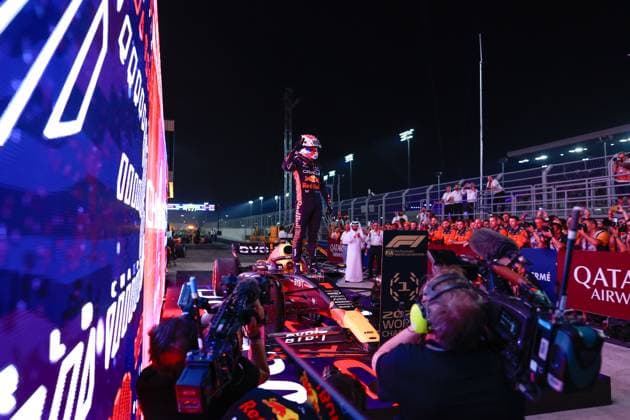 1 Max Verstappen NLD, Oracle Red Bull Racing celebrates becoming the 2023 Drivers World Champion, F1 Grand Prix of Qatar at Lusail International Circuit on October 7, 2023 in Doha, Qatar Photo by HOCH ZWEI Doha Qatar