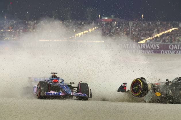 Crash between 11 Sergio Perez MEX, Oracle Red Bull Racing , 27 Nico Hulkenberg DEU, MoneyGram Haas F1 Team and 31 Esteban Ocon FRA, BWT Alpine F1 Team , F1 Grand Prix of Qatar at Lusail International Circuit on October 7, 2023 in Doha, Qatar Photo by HOCH ZWEI Doha Qatar
