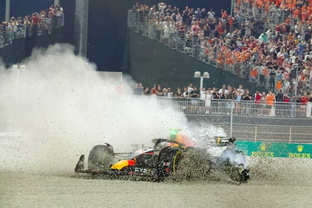 Crash between 11 Sergio Perez MEX, Oracle Red Bull Racing , 27 Nico Hulkenberg DEU, MoneyGram Haas F1 Team and 31 Esteban Ocon FRA, BWT Alpine F1 Team , F1 Grand Prix of Qatar at Lusail International Circuit on October 7, 2023 in Doha, Qatar Photo by HOCH ZWEI Doha Qatar