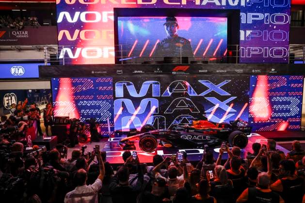 VERSTAPPEN Max (ned), Red Bull Racing RB19, portrait celebrates his 3rd Formula 1 World Champion during the 2023 Formula 1 Qatar Grand Prix, 17th round of the 2023 Formula One World Championship, WM, Weltmeisterschaft from October 6 to 8, 2023 on the Lusail International Circuit, in Doha, Qatar - F1 - QATAR GRAND PRIX 2023 DPPI Panoramic  00123038__R5_7728