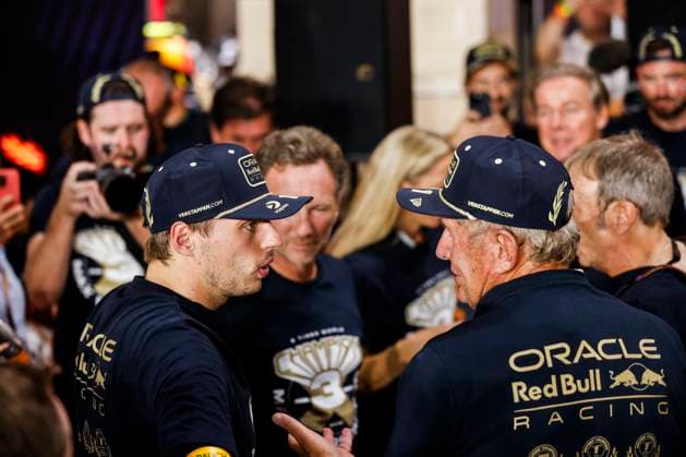 VERSTAPPEN Max (ned), Red Bull Racing RB19, portrait celebrates his 3rd Formula One World Champion MARKO Helmut (aut), Drivers™ Manager of Red Bull Racing, portrait during the 2023 Formula 1 Qatar Grand Prix, 17th round of the 2023 Formula One World Championship, WM, Weltmeisterschaft from October 6 to 8, 2023 on the Lusail International Circuit, in Doha, Qatar - F1 - QATAR GRAND PRIX 2023 DPPI Panoramic 00123038__R5_7816