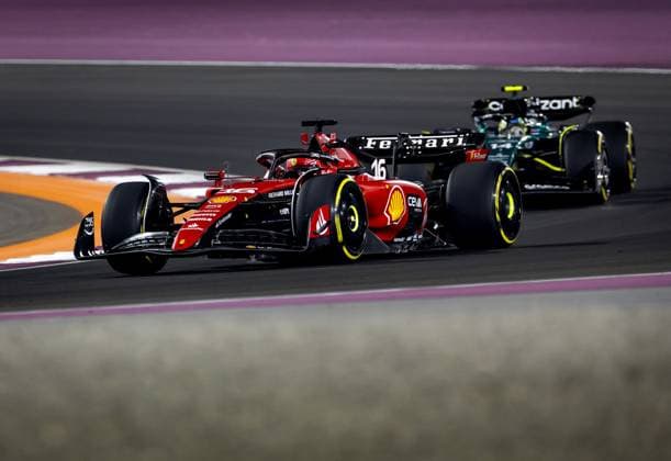 QATAR - Charles Leclerc (Ferrari) in action for Fernando Alonso (Aston Martin) during the Formula 1 Grand Prix race at the Lusail International Circuit in Qatar. Max Verstappen became world champion a day earlier during the sprint race. ANP SEM VAN DER WAL Race 2023 2024 xVIxANPxSportx xxANPxIVx 480604197 originalFilename: 480604197.jpg